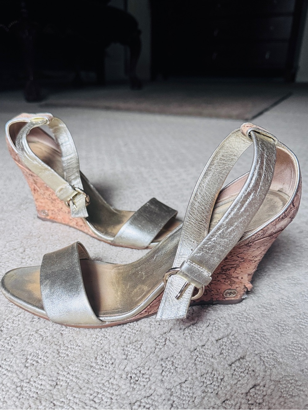 Gucci ankle strap leather Metallic Gold Cork Wedge Sandals